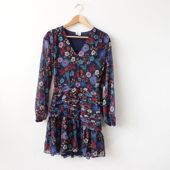 Floral Ruched Mini Cocktail Dress Xs V Neck Smocked Pleated Garden Botanical